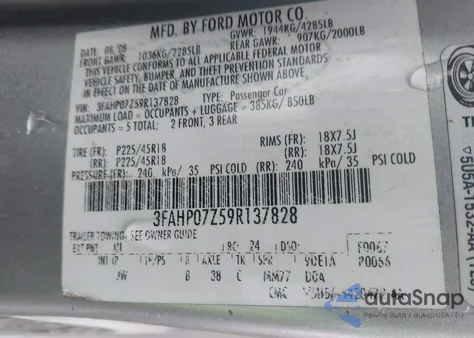 2009 Ford Fusion Se z USA, uszkodzony, nr VIN 3FAHP07Z59R137828